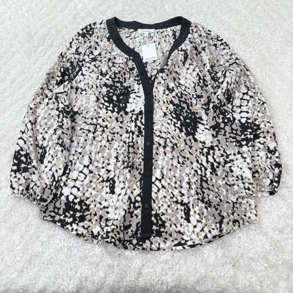 Calvin Klein Blouse Women's Large Beige Multi Print Button Top Career Office